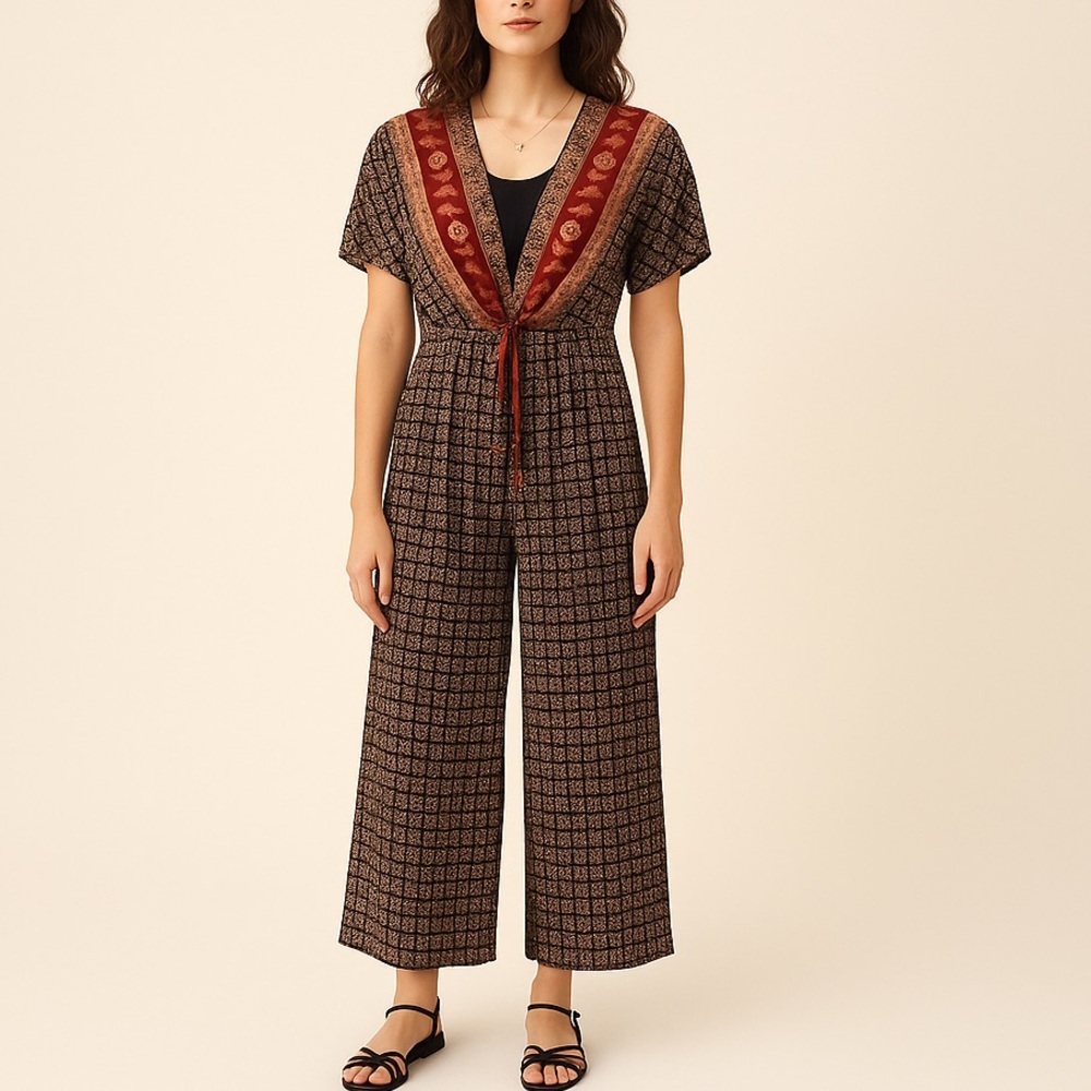 90s Rabbit Rabbit Designs Boho Jumpsuit – rayon mixed-print, wide-leg pants